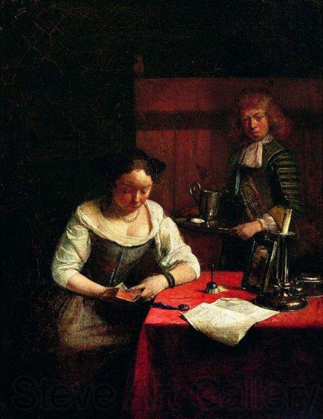 Gerard ter Borch the Younger Woman reading and a young man holding a tray. Spain oil painting art